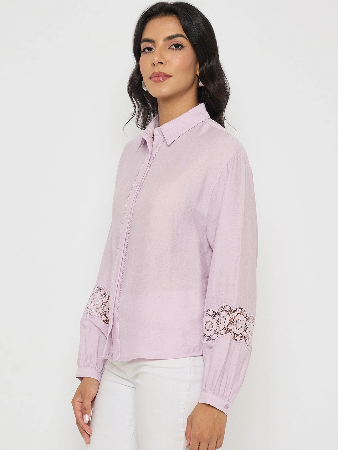 Split hem Gym Wear Madame Lace Detailed Lilac Nylon Blend Shirt