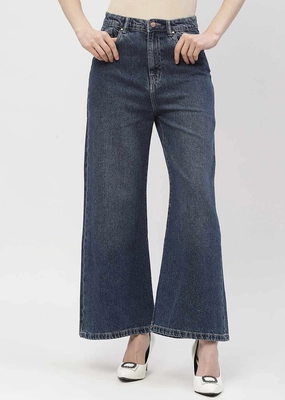 Modern Weekend Style Quick Match Madame Light Washed Dark Blue Wide Leg Jeans