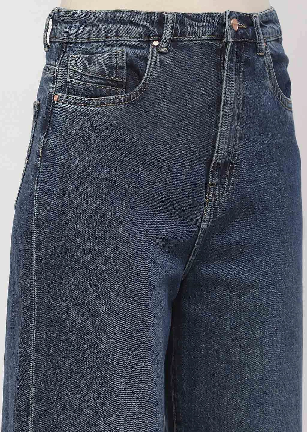 Madame Light Washed Dark Blue Wide Leg Jeans Stone Wash Finish