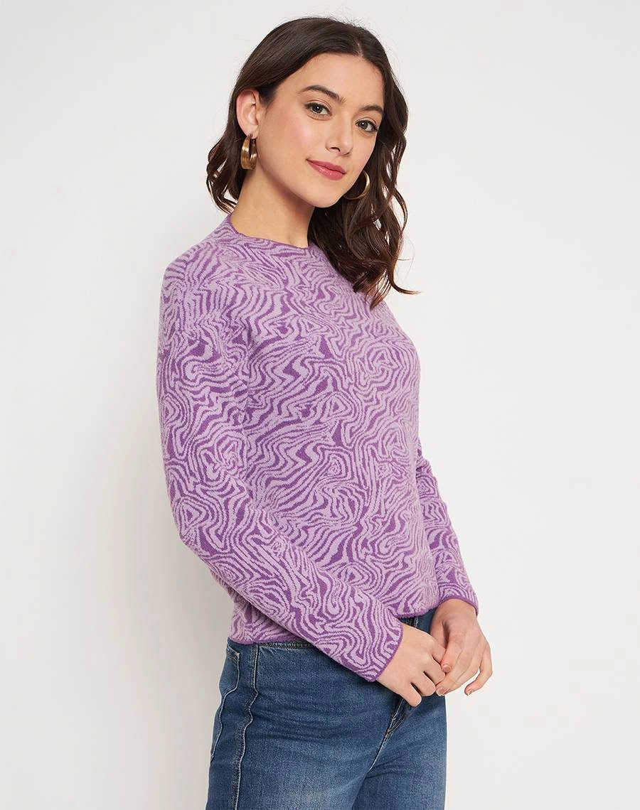 Madame Lilac Animal Print Sweater High Neckline