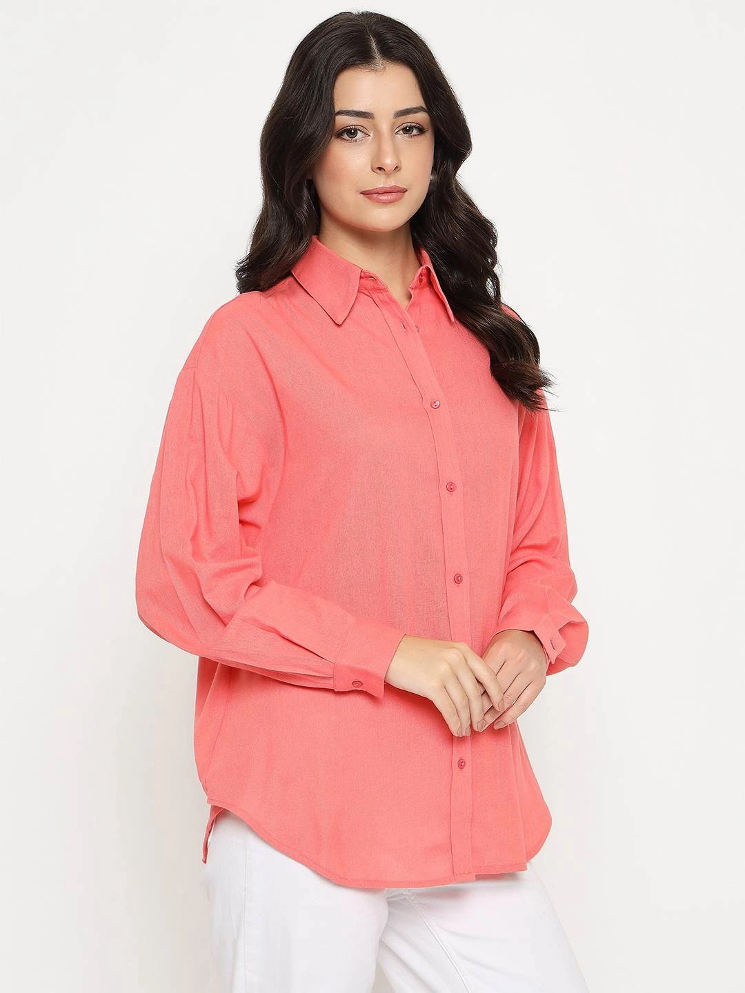 Madame Linen Blend Solid Light Coral Shirt Tall Option
