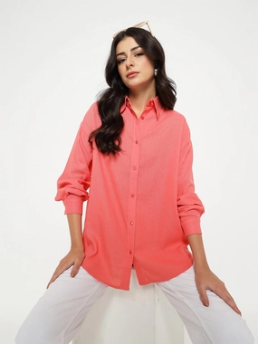 Madame Linen Blend Solid Light Coral Shirt Midweight Textile