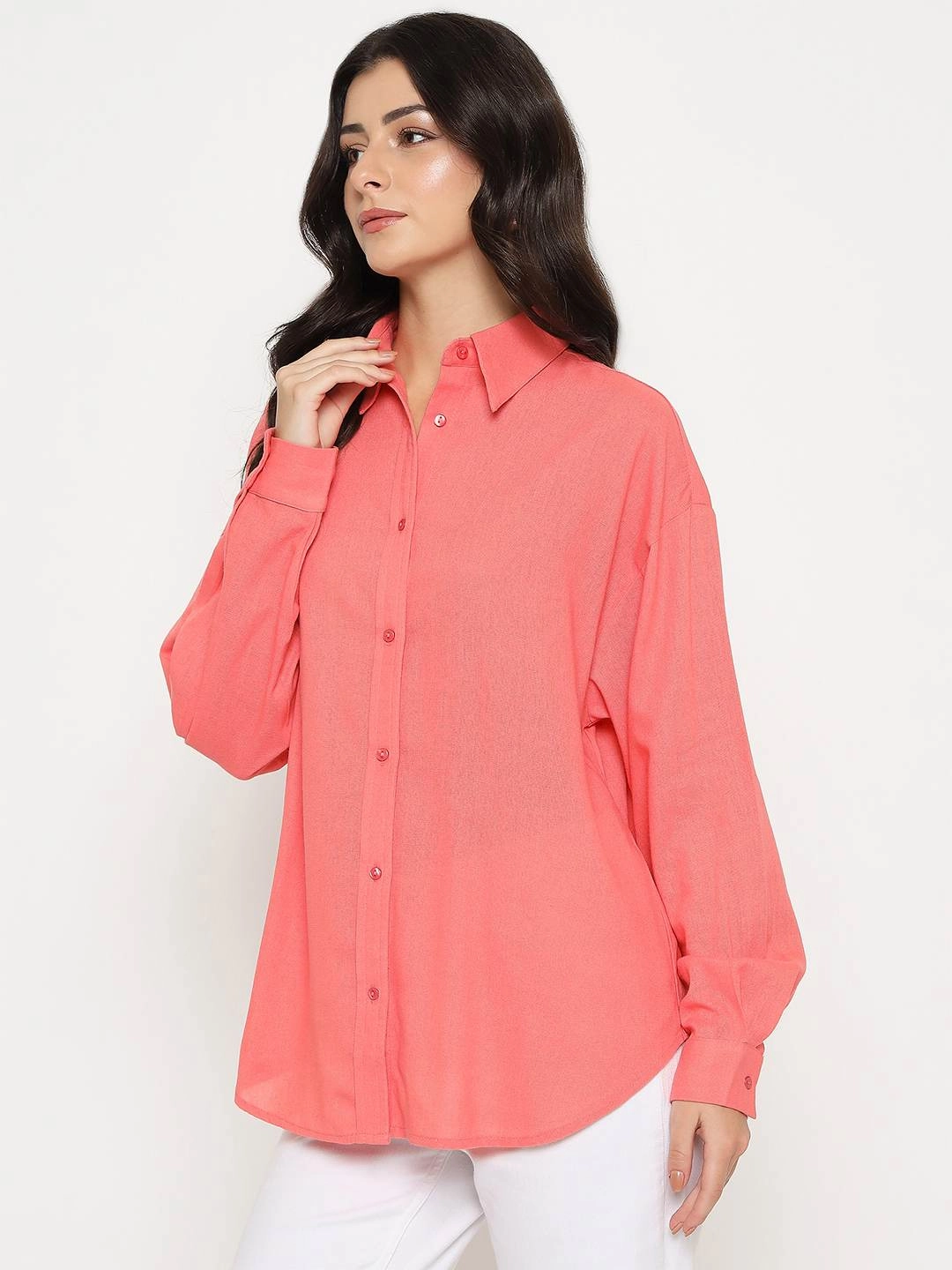 Madame Linen Blend Solid Light Coral Shirt Autumn Look Soft touch finish