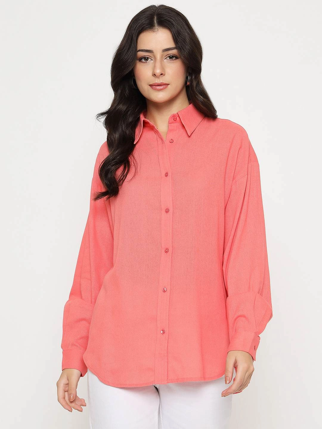 Weekend Wear Active Wear Madame Linen Blend Solid Light Coral Shirt