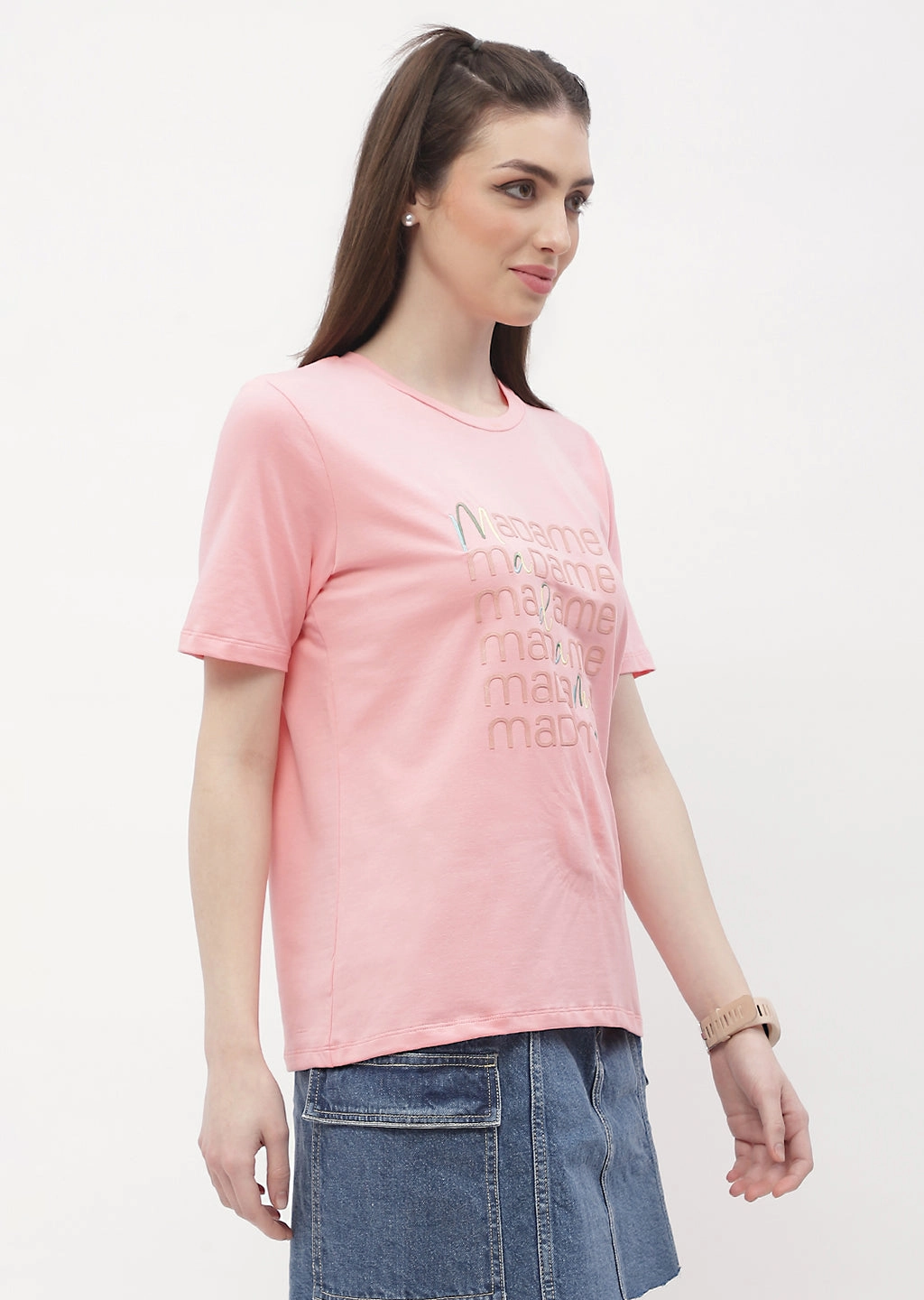 Madame Logo Print Pink Regular T-Shirt Minimal Fashion Breezy Design