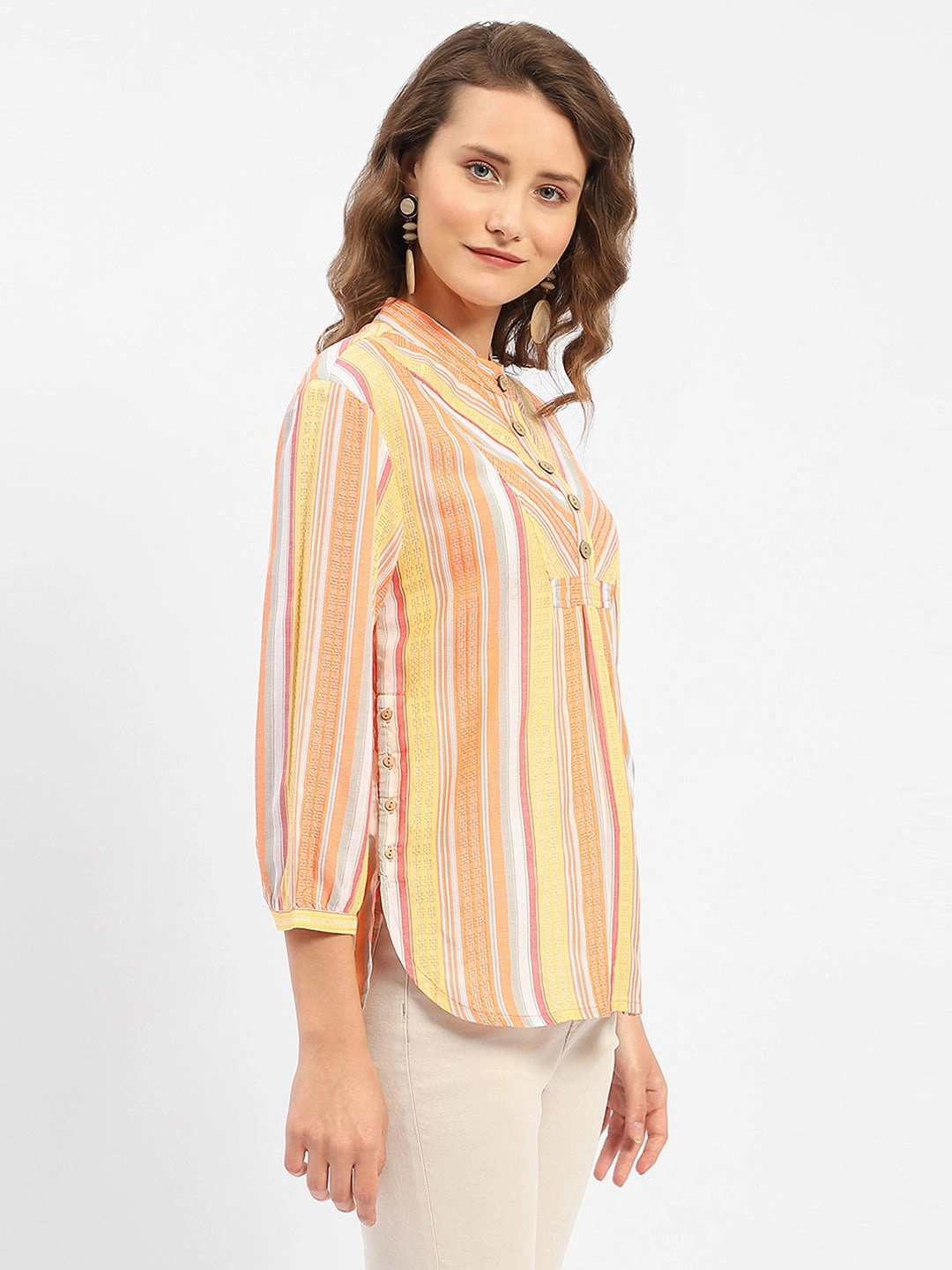 Breathable Style Madame Mandarin Collar Modal Cotton Striped Shirt
