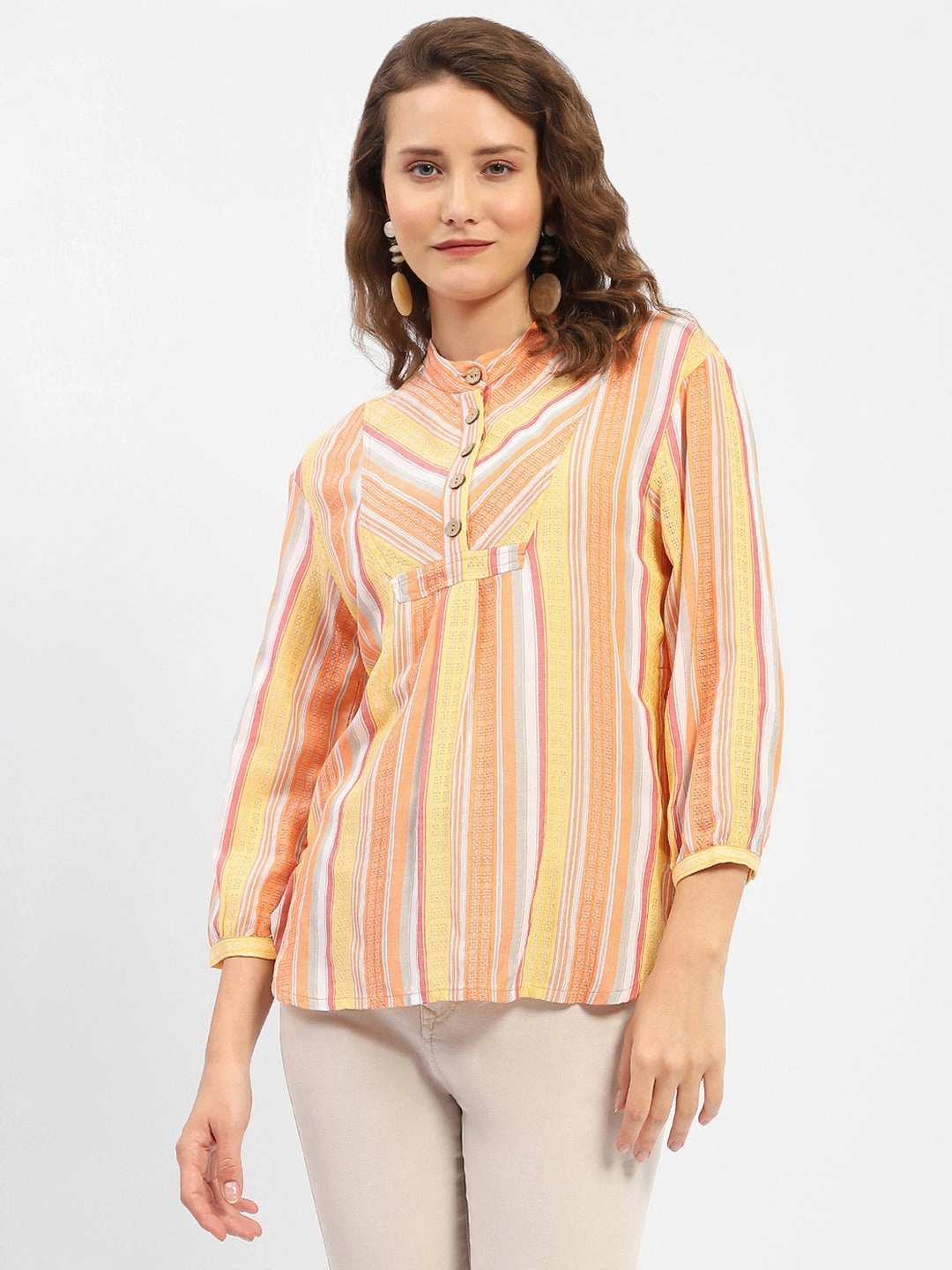Sporty Look Madame Mandarin Collar Modal Cotton Striped Shirt