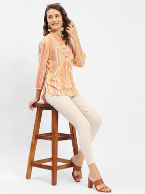 Fashion Layer Affordable Fashion Madame Mandarin Collar Modal Cotton Striped Shirt