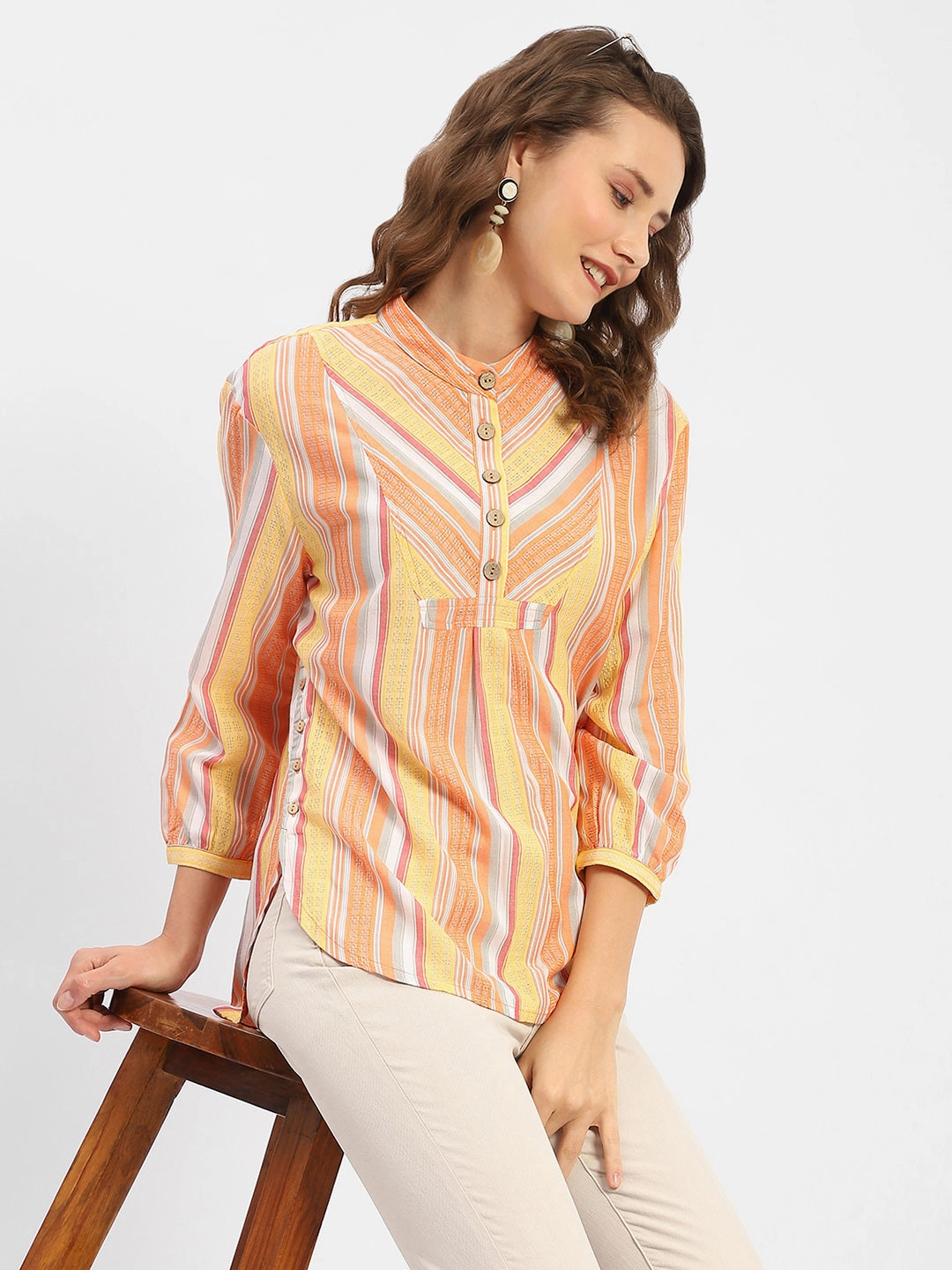 Madame Mandarin Collar Modal Cotton Striped Shirt Comfortable Look Fashion Forward