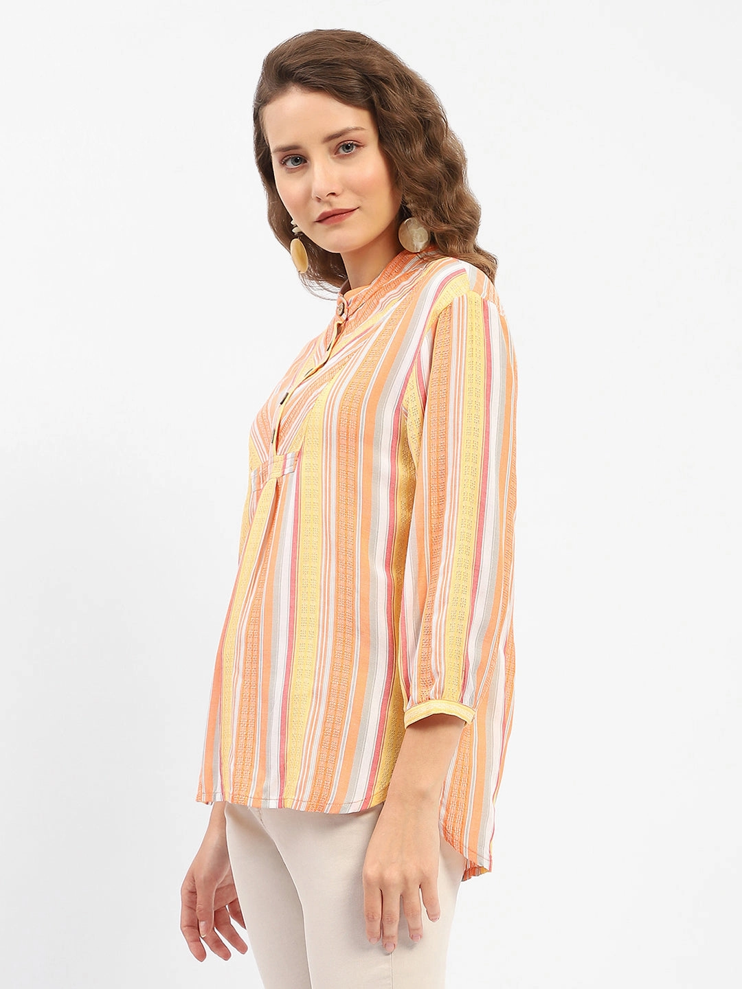 Friends Meetup Madame Mandarin Collar Modal Cotton Striped Shirt