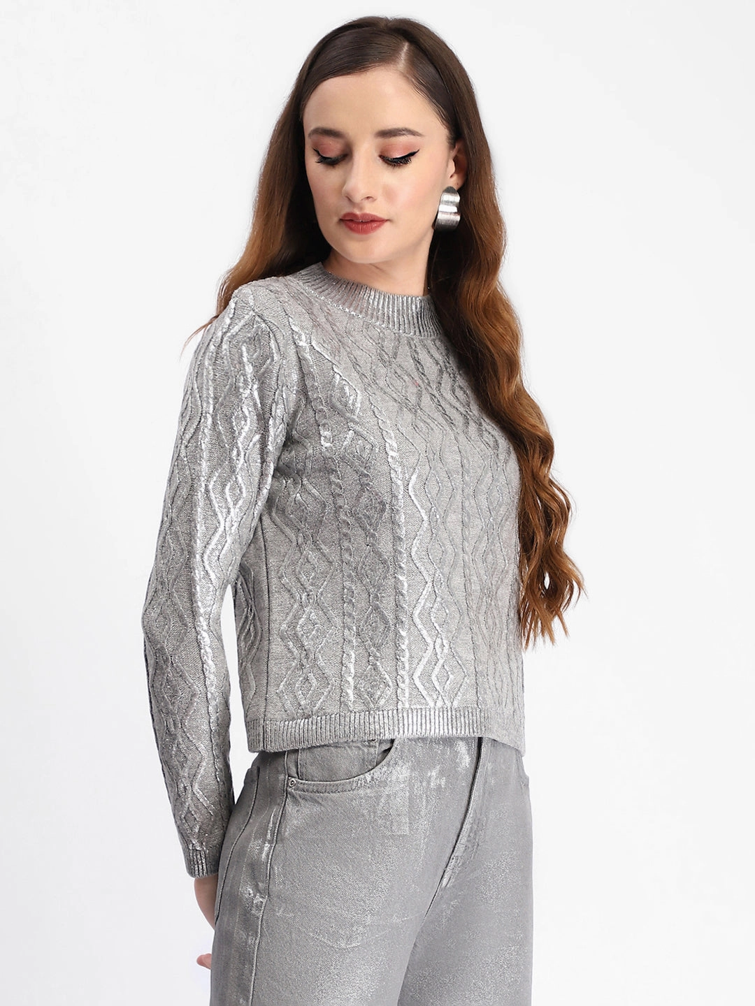 Cold Weather Wear Madame Metallic Cable Knit Grey Sweater