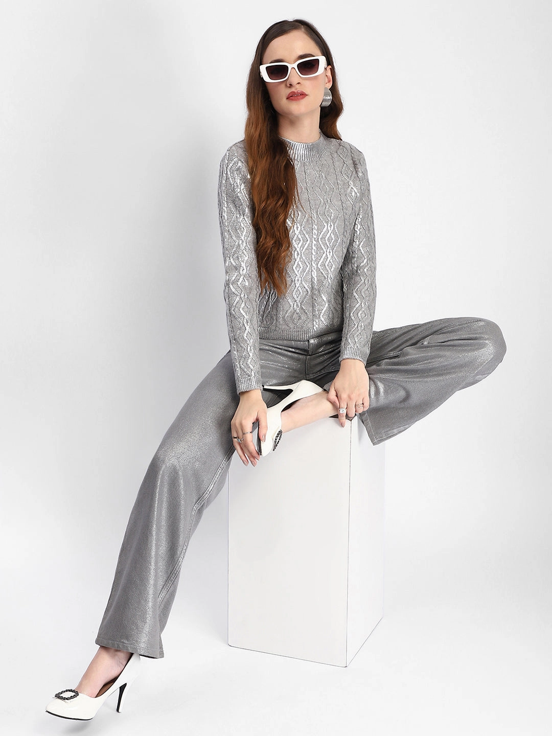 Luxury Comfort Comfortable Wear Madame Metallic Cable Knit Grey Sweater