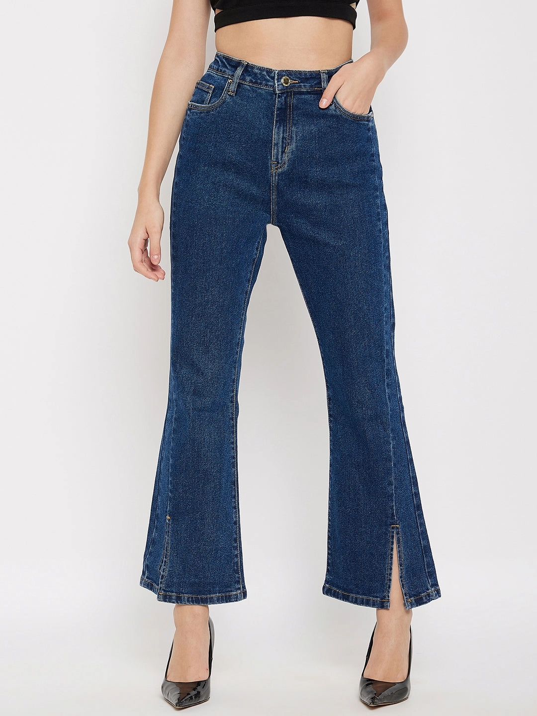Madame Mid-Rise Front Slit Dark Wash Jeans Go To Look