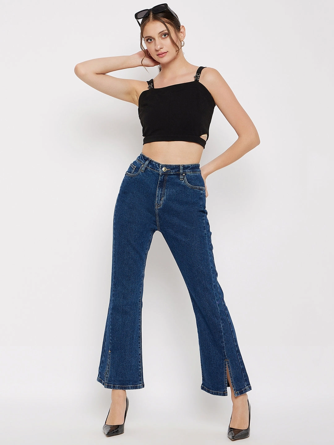 Madame Mid-Rise Front Slit Dark Wash Jeans Minimal Fashion Trend Setter Trendy Premium