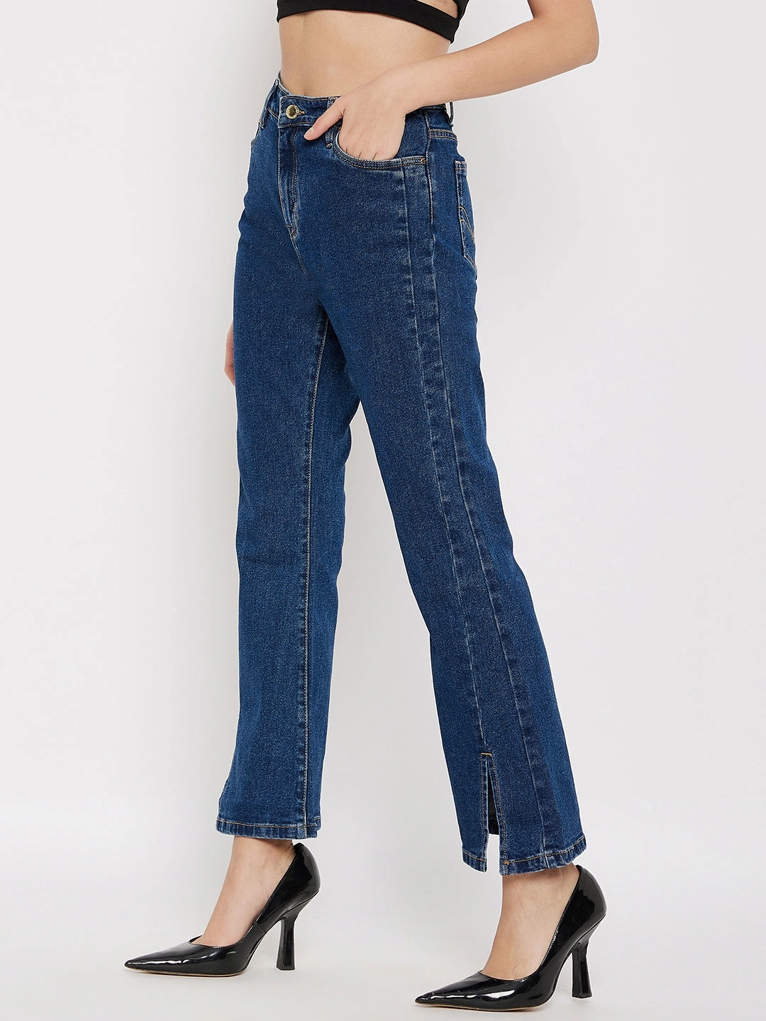 Madame Mid-Rise Front Slit Dark Wash Jeans UltraSoft Lining Easy Fashion