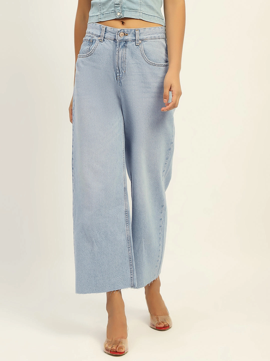 Sustainable Student Outfit Nature Lover Flex Knit Waist Panel Madame Mid Rise Solid Ice Blue Jeans