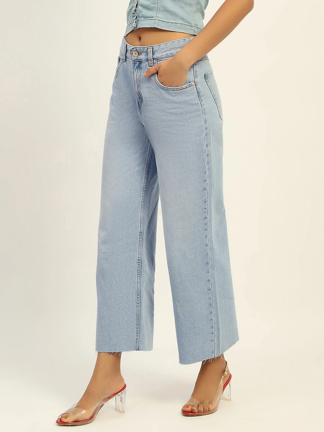 Madame Mid Rise Solid Ice Blue Jeans Casual Friday Durable Athlete Fit