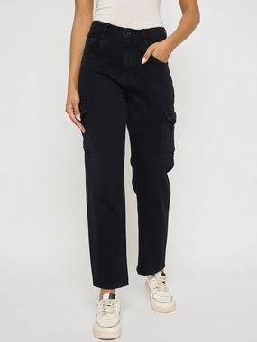 Madame Multi Pocketed Black Straight Cotton Denim Cargo Breathable Design