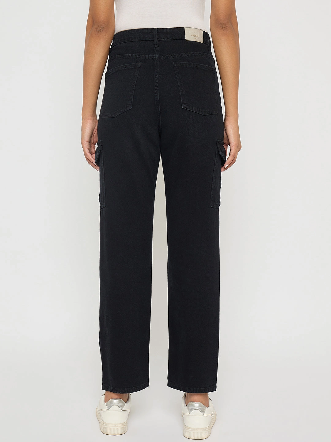 Madame Multi Pocketed Black Straight Cotton Denim Cargo Cozy Stretch Fit Neutral Fit