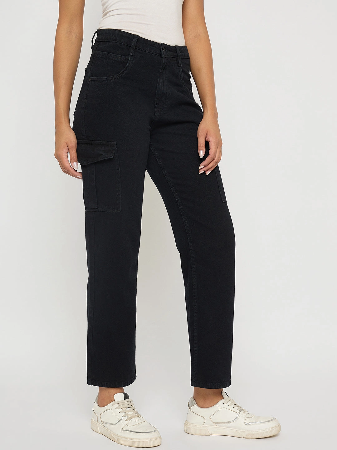 Quick Wear Fit Madame Multi Pocketed Black Straight Cotton Denim Cargo