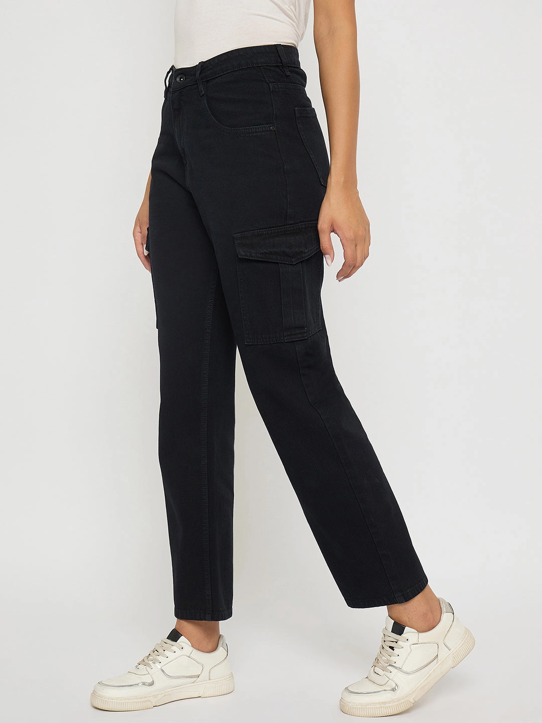 Fashionable Appeal Madame Multi Pocketed Black Straight Cotton Denim Cargo