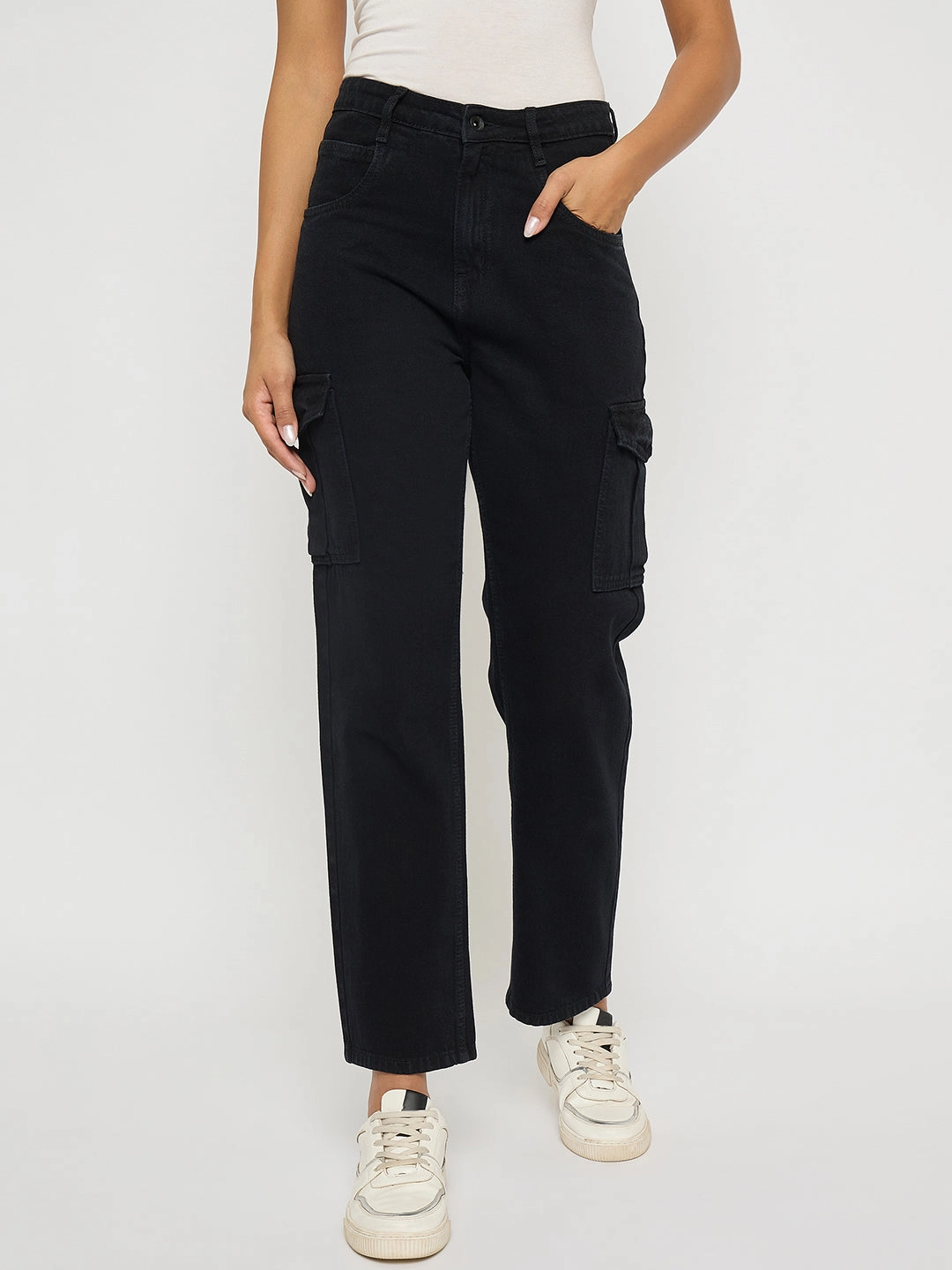 Madame Multi Pocketed Black Straight Cotton Denim Cargo Breathable Design