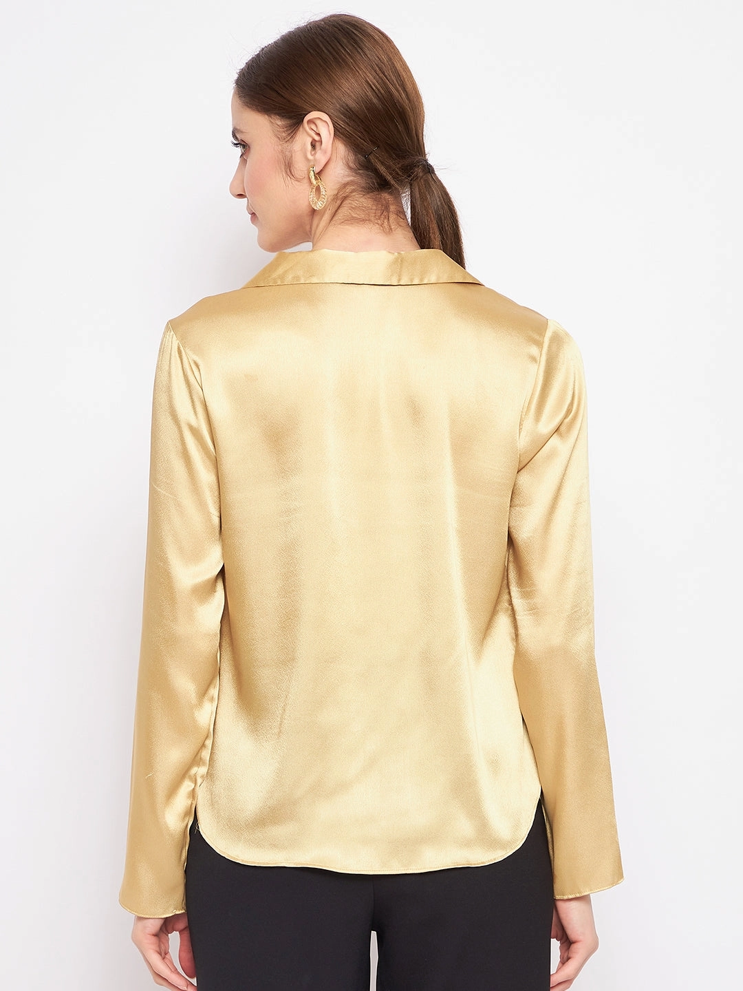 Madame Mustard Satin Shirt Low Profile Pocket Design Fall Foliage