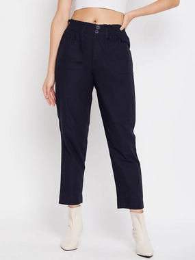 Madame Navy Cotton Ankle Length Trousers Tailored Fit Hidden Pocket System