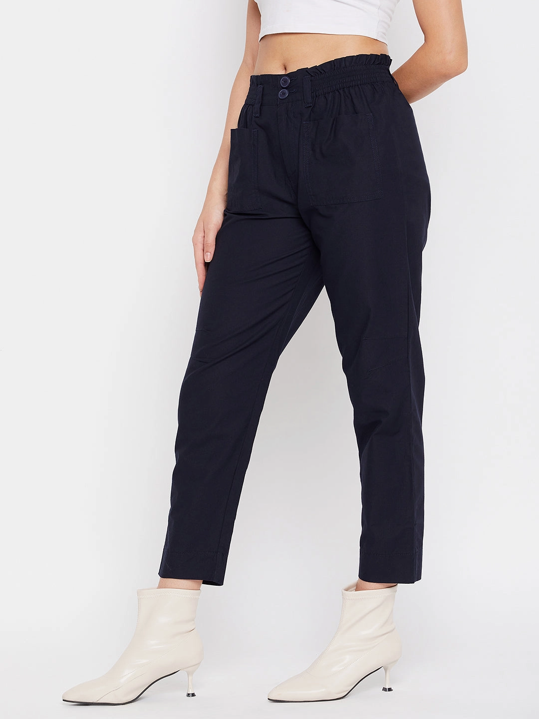 Madame Navy Cotton Ankle Length Trousers Flex Foam Inserts