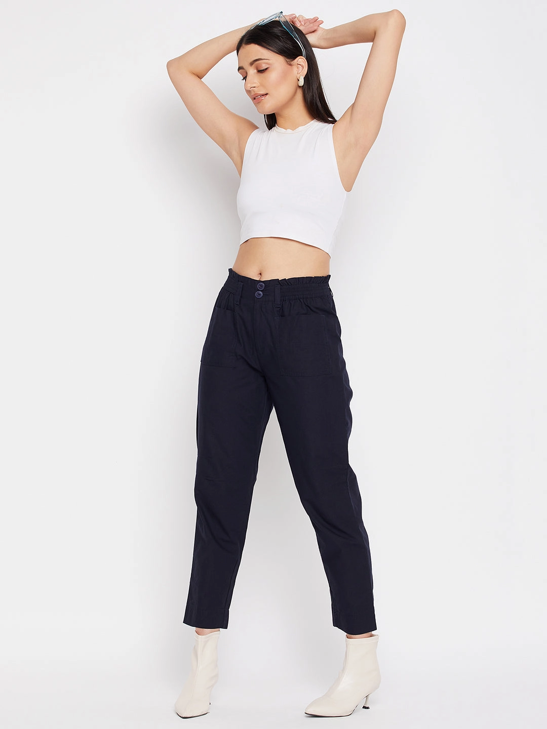 Durable Activewear Easy Match Madame Navy Cotton Ankle Length Trousers