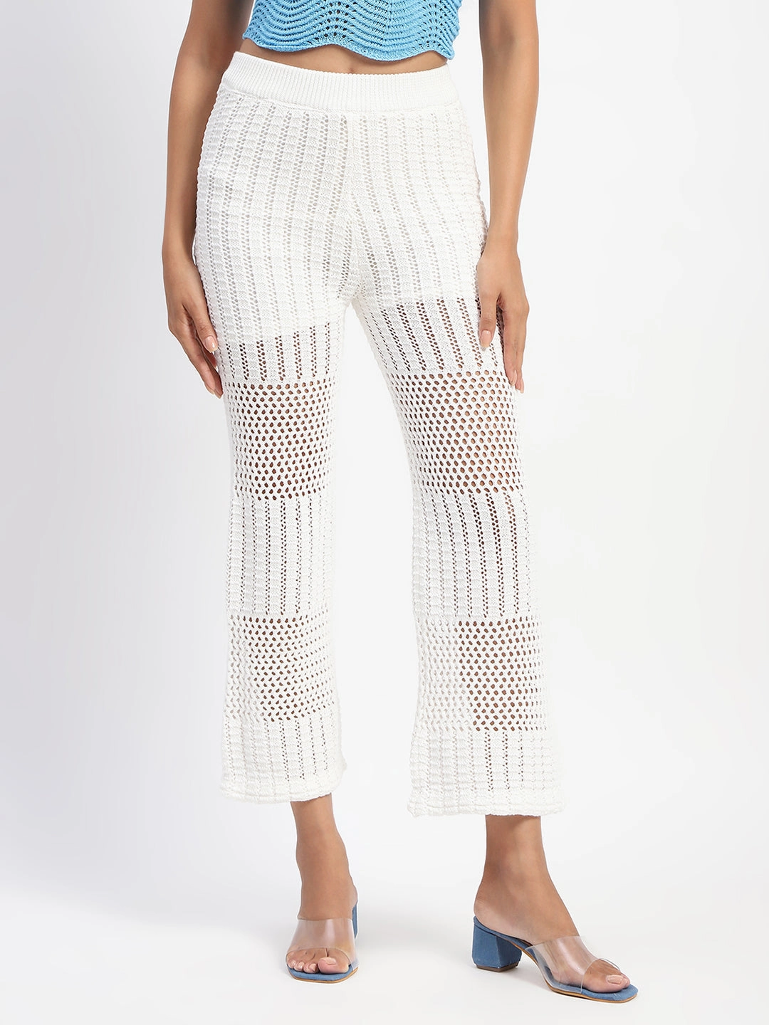 Flexible Waist Layer Fit Madame Off-White Cotton Crochet Trouser