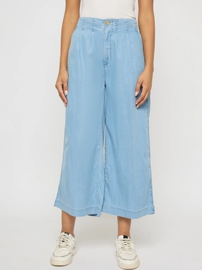 Madame Pintuck Detailed Cotton Blend Light Blue Wide Leg Jeans Picnic Style Textured