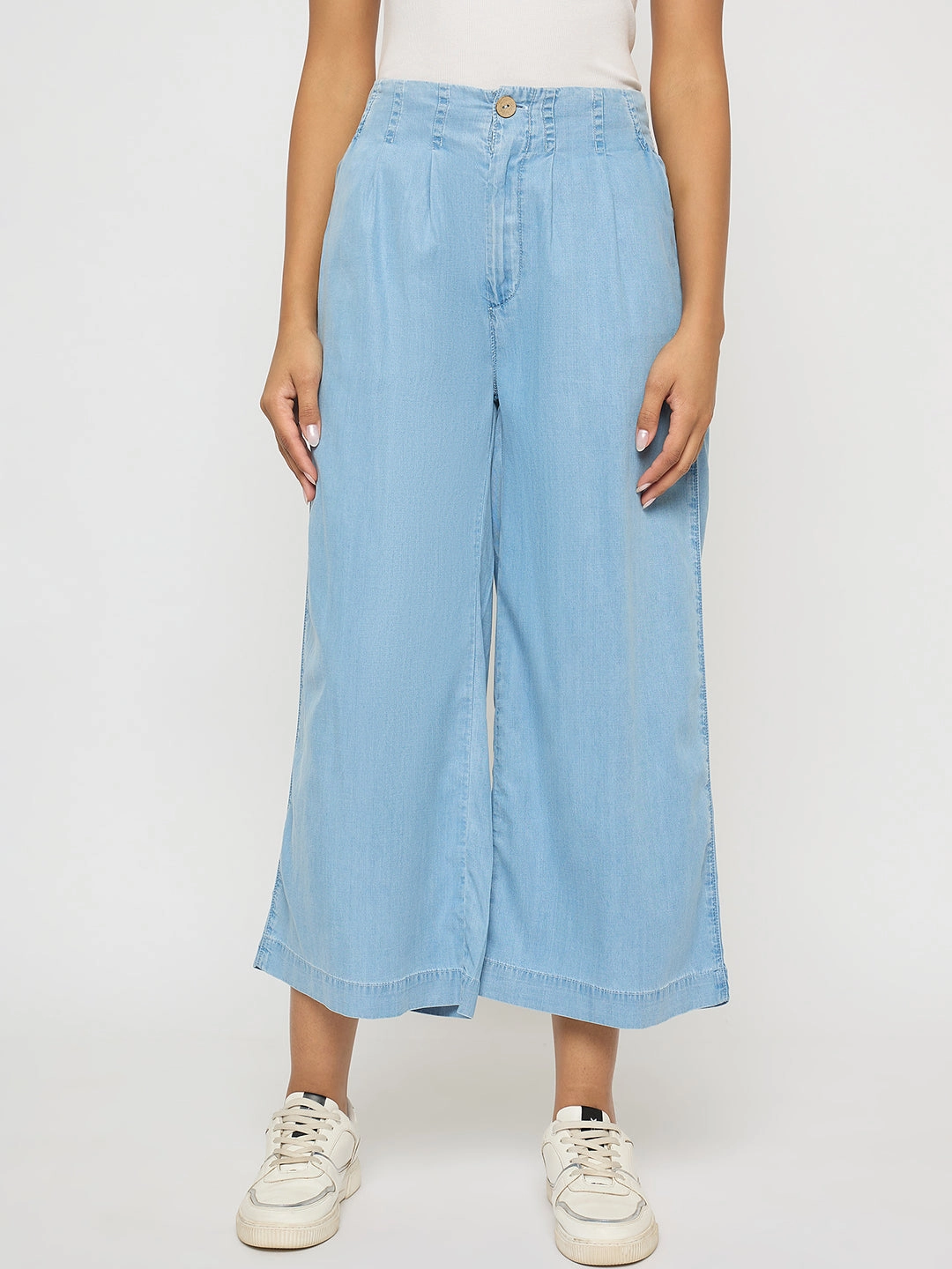 Madame Pintuck Detailed Cotton Blend Light Blue Wide Leg Jeans Picnic Style Textured