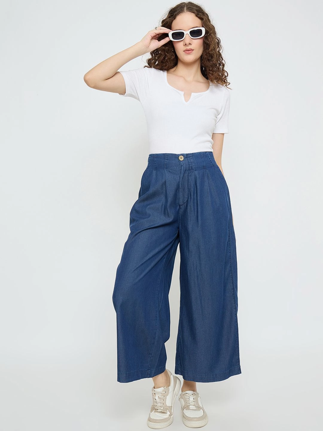 Madame Pintuck Detailed Cotton Blend Mid Blue Wide Leg Jeans Comfort Fit Design Nature Lover Shopping Day Everyday