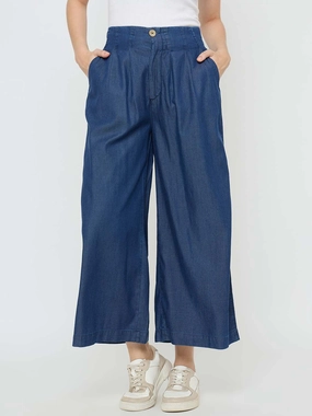 Madame Pintuck Detailed Cotton Blend Mid Blue Wide Leg Jeans Non Irritating Inner Lining
