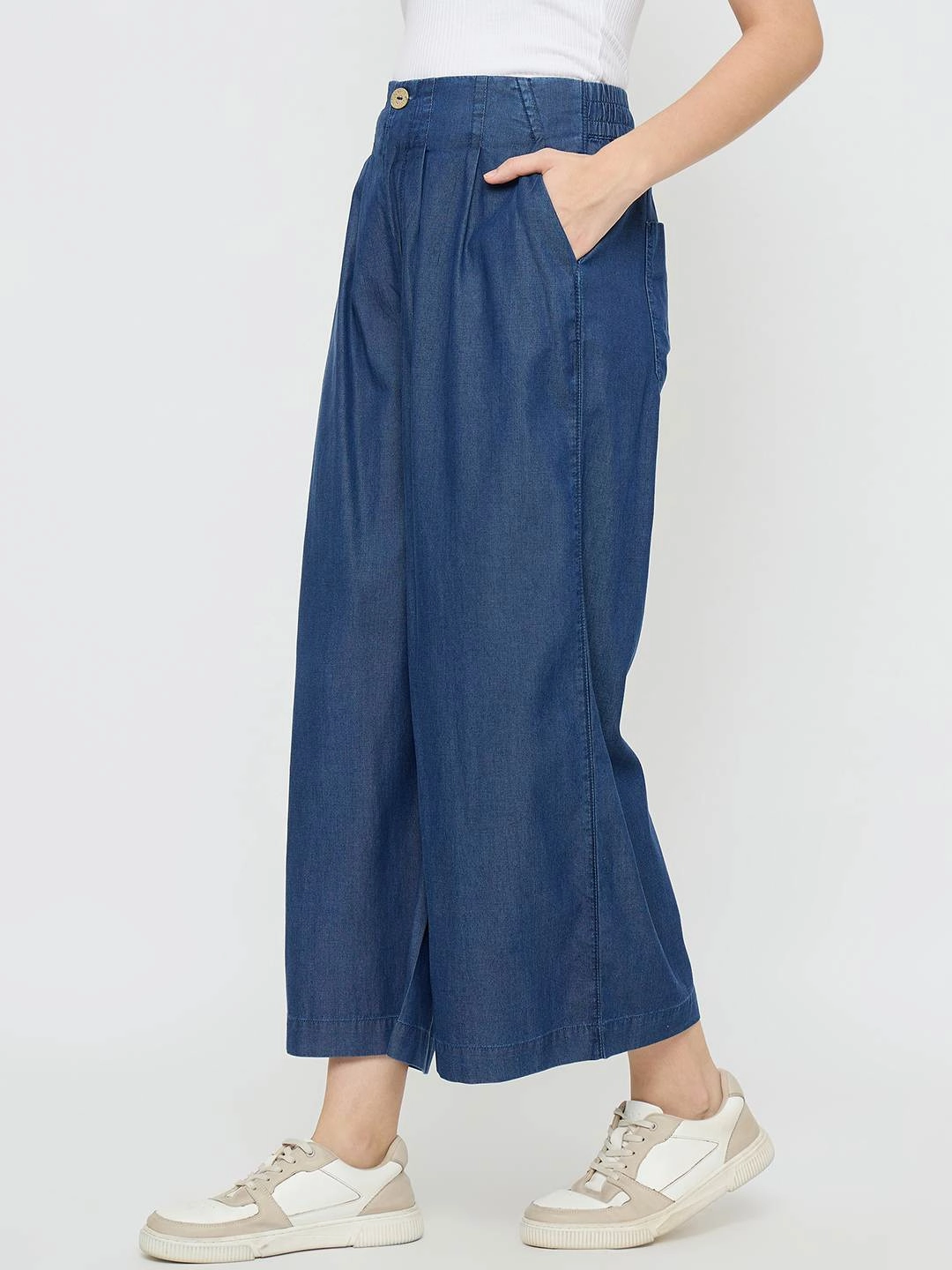 Office Wear Trendy Home Comfort Madame Pintuck Detailed Cotton Blend Mid Blue Wide Leg Jeans