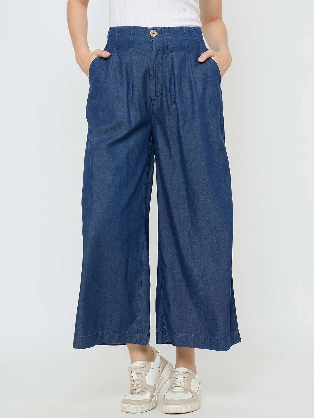 Madame Pintuck Detailed Cotton Blend Mid Blue Wide Leg Jeans Non Irritating Inner Lining