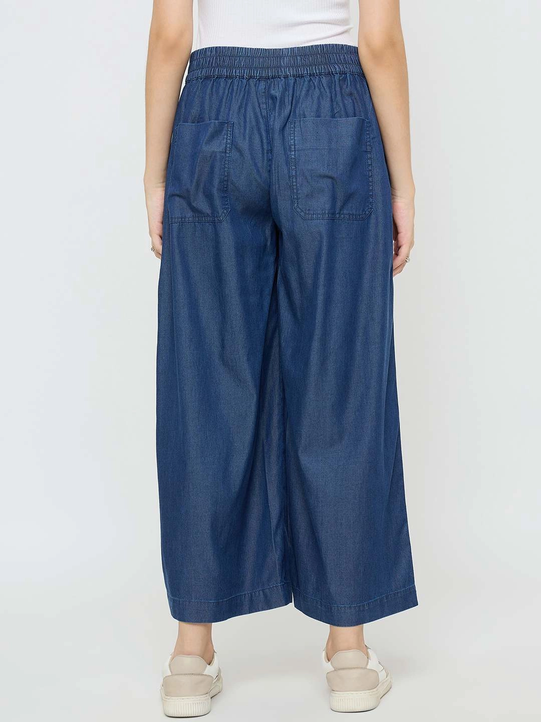 Madame Pintuck Detailed Cotton Blend Mid Blue Wide Leg Jeans Creative Look Work Ready Lightweight