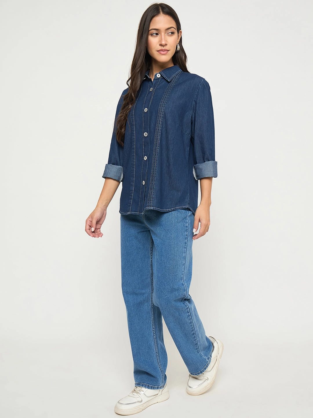 Madame Pintuck Detailed Mid Blue Denim Shirt Seasonal Essential
