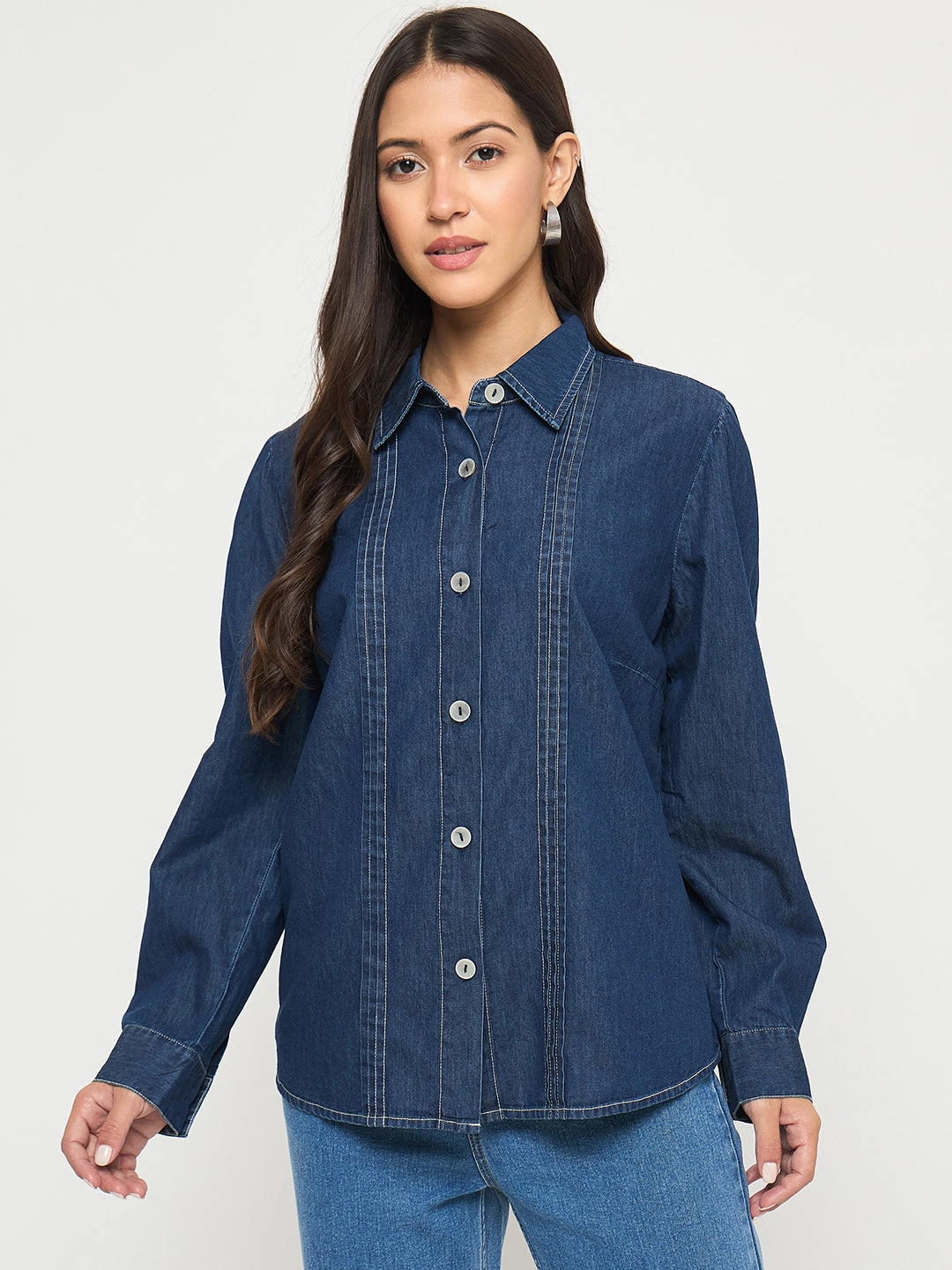 Printed design Madame Pintuck Detailed Mid Blue Denim Shirt