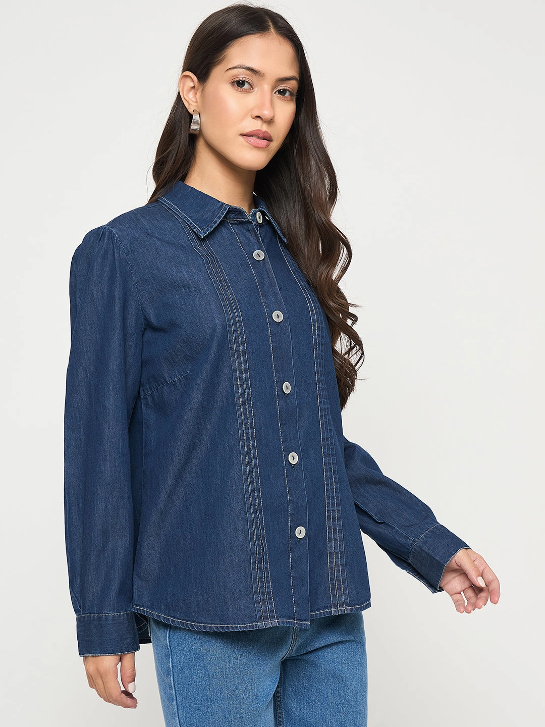Madame Pintuck Detailed Mid Blue Denim Shirt Resort Wear
