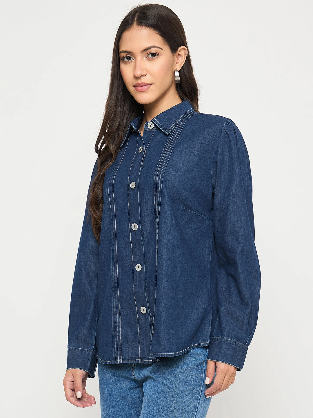 Durable Texture Chill Fit Madame Pintuck Detailed Mid Blue Denim Shirt