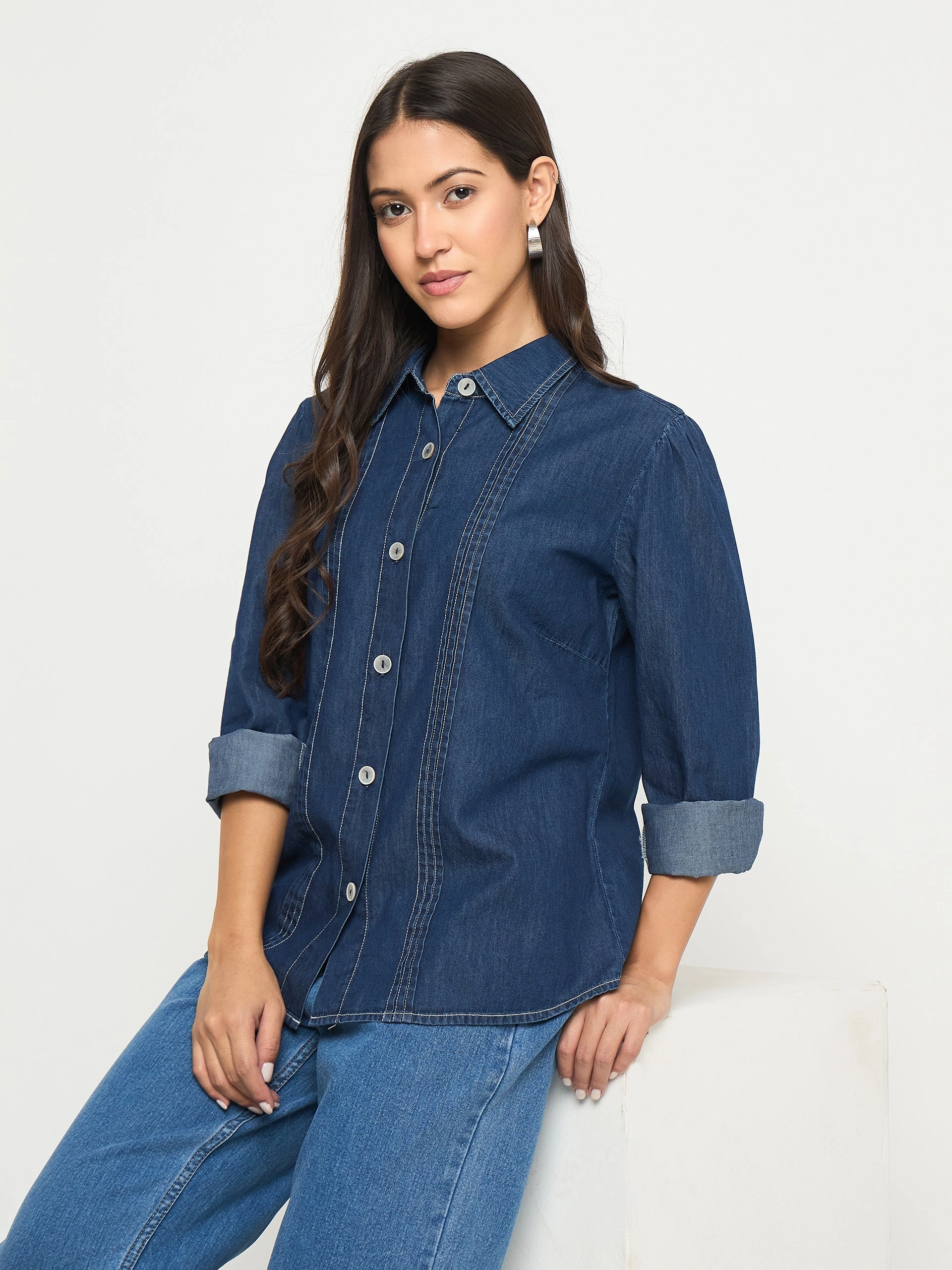 Madame Pintuck Detailed Mid Blue Denim Shirt bohemian flair