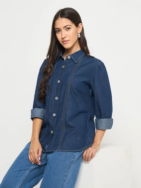 Madame Pintuck Detailed Mid Blue Denim Shirt bohemian flair