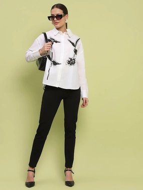 Madame Placement Printed White Cotton Shirt Formal Elegance Edgy Design