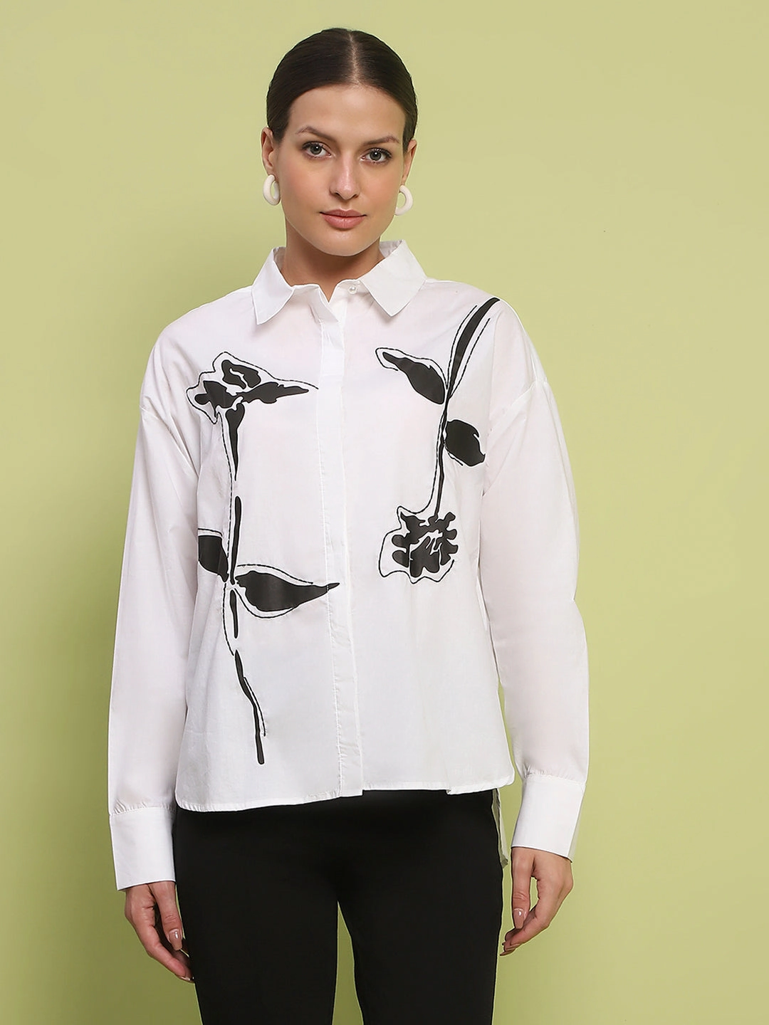 Madame Placement Printed White Cotton Shirt Active Layering Minimalist Style