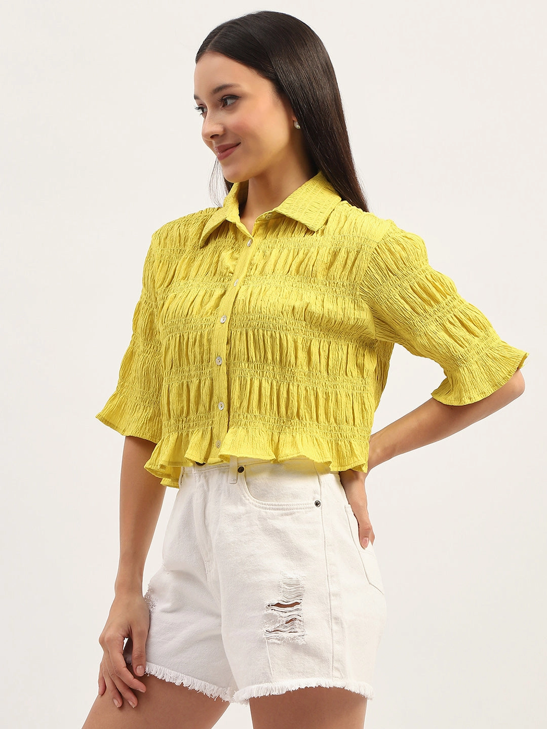 Active Layer Madame Pleated Detailing Solid Lime Shirt