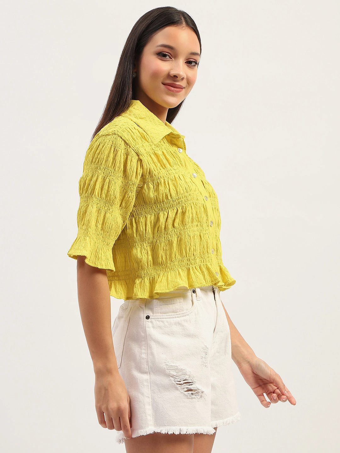 Madame Pleated Detailing Solid Lime Shirt Flatlock stitching hypoallergenic