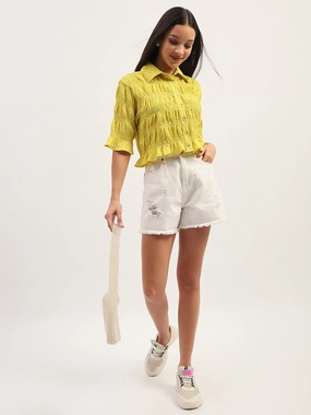 Eye-Catching Pattern Madame Pleated Detailing Solid Lime Shirt