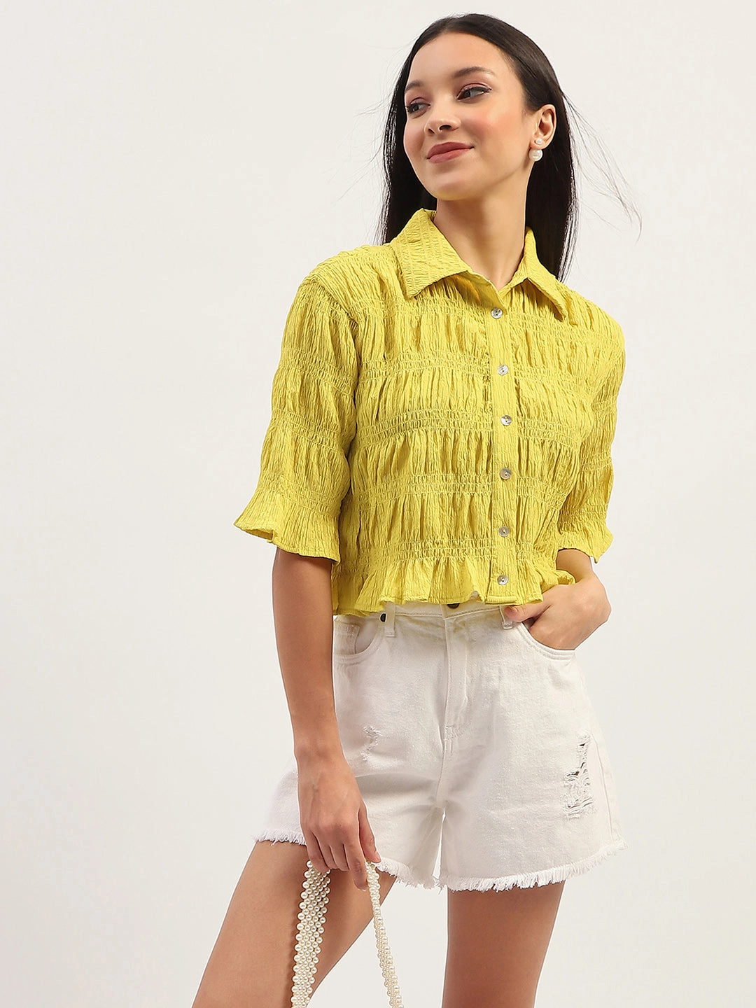 Madame Pleated Detailing Solid Lime Shirt Striped style